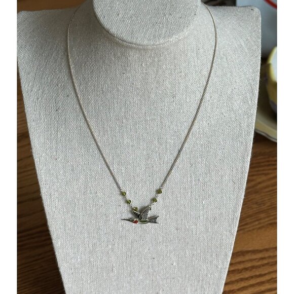 Hummingbird Pendant Necklace With Green Beads On Silver Chain 18 Inches Dainty - Picture 4 of 6
